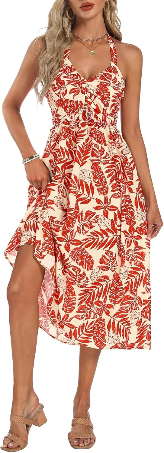 GUBERRY Women's Summer Sundresses with Pockets Halter Neck Smocked Sleeveless Flowy Beach Maxi Dress