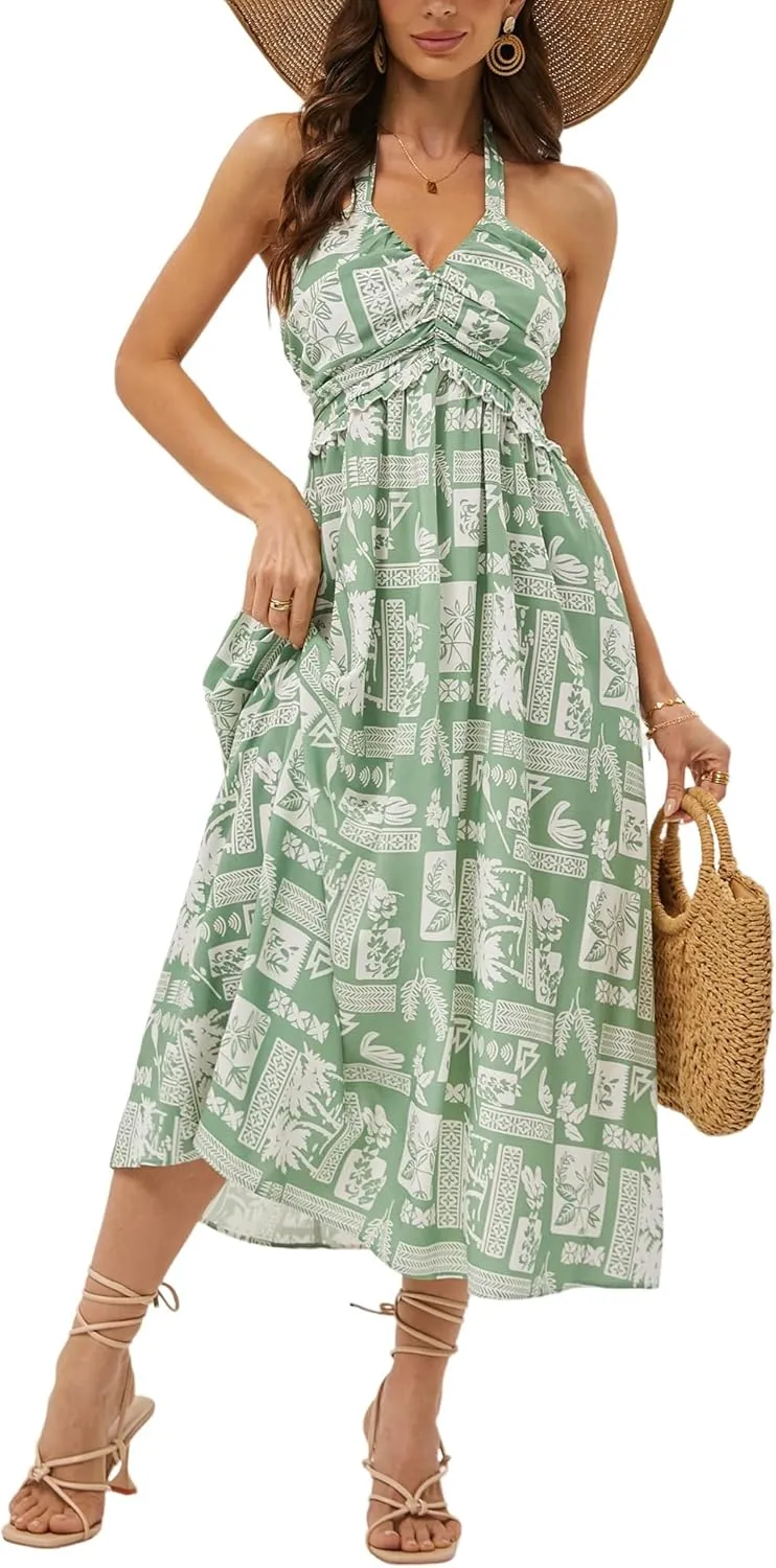 GUBERRY Women's Summer Sundresses with Pockets Halter Neck Smocked Sleeveless Flowy Beach Maxi Dress