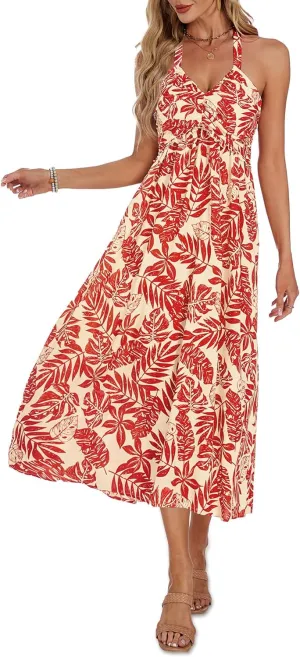 GUBERRY Women's Summer Sundresses with Pockets Halter Neck Smocked Sleeveless Flowy Beach Maxi Dress