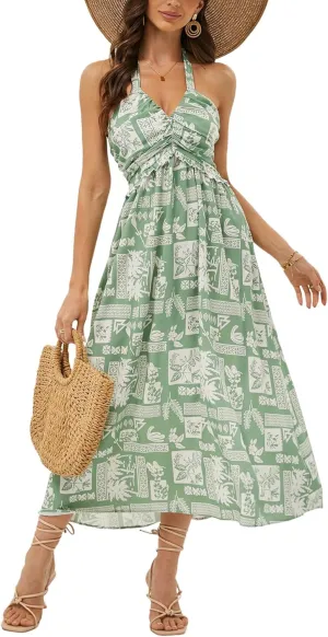 GUBERRY Women's Summer Sundresses with Pockets Halter Neck Smocked Sleeveless Flowy Beach Maxi Dress