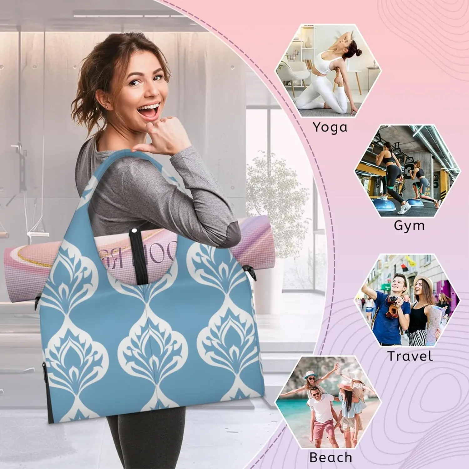 Gym Bag for Women Beautiful Floral Print Duffel Bag with Shoe Compartment and Yoga Mat Holder Portable Weekender Bags Travel Tote Bags