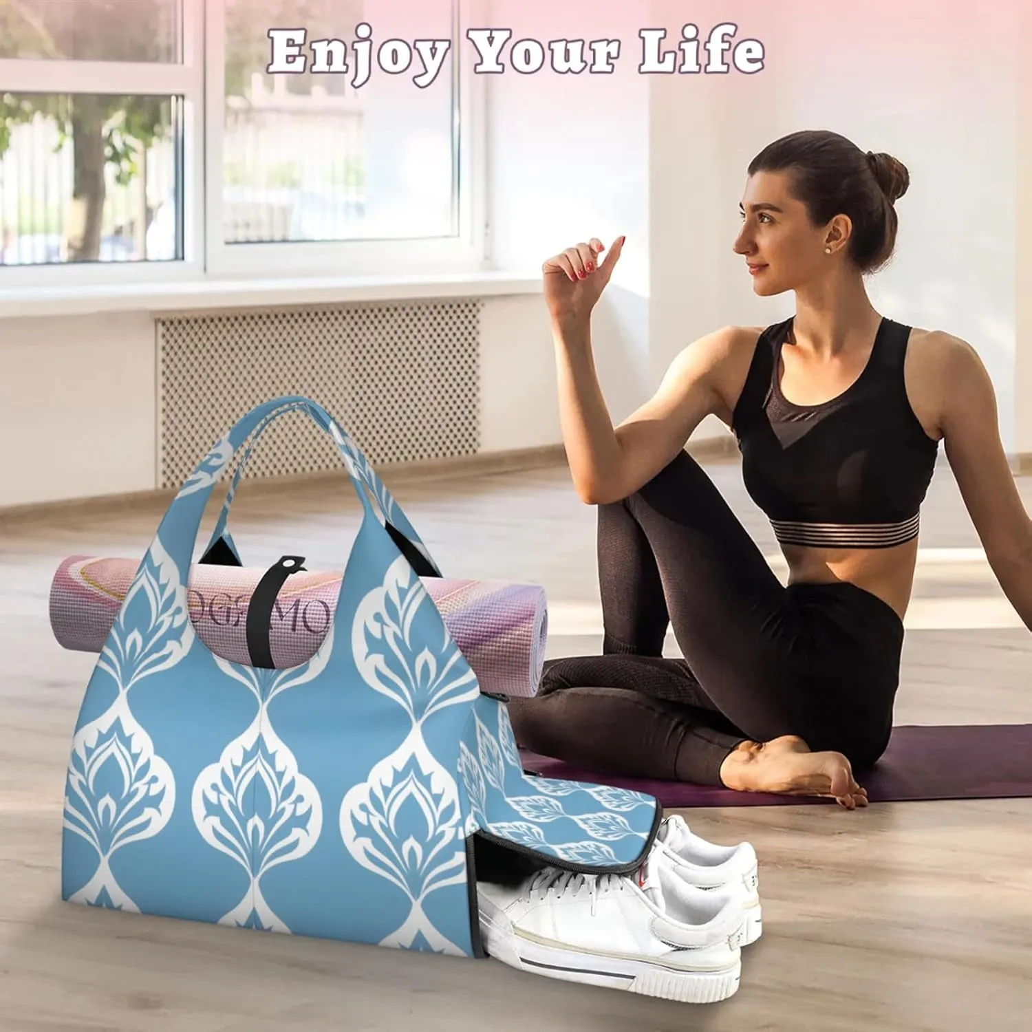 Gym Bag for Women Beautiful Floral Print Duffel Bag with Shoe Compartment and Yoga Mat Holder Portable Weekender Bags Travel Tote Bags