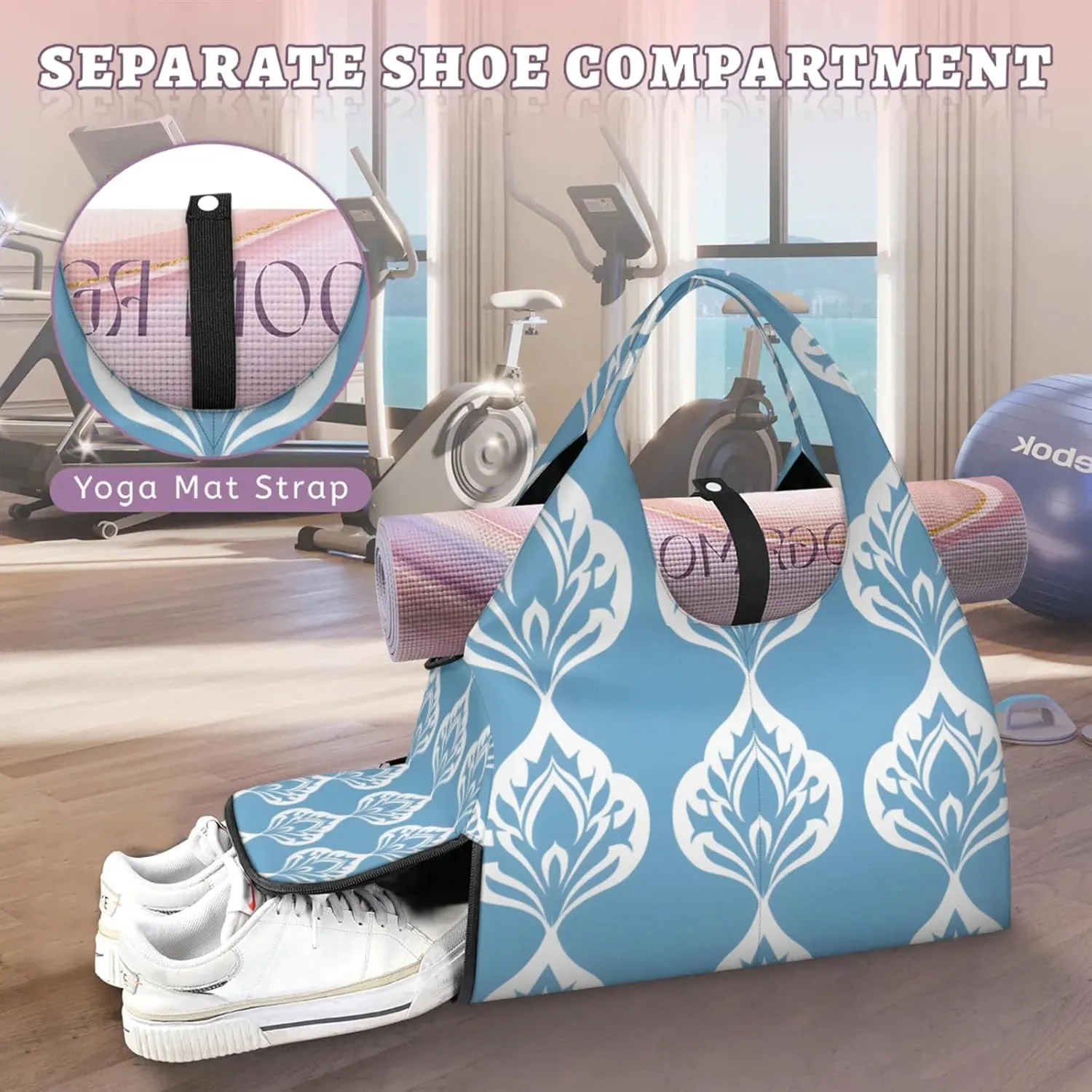 Gym Bag for Women Beautiful Floral Print Duffel Bag with Shoe Compartment and Yoga Mat Holder Portable Weekender Bags Travel Tote Bags