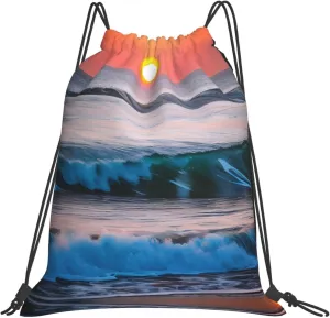 Gym Sunset and Sunrise with Ocean Sea Waves Print Drawstring Bag - Lightweight Nylon Sport Sackpack for Travel, Yoga, Dance, Hiking, Basketball, and More