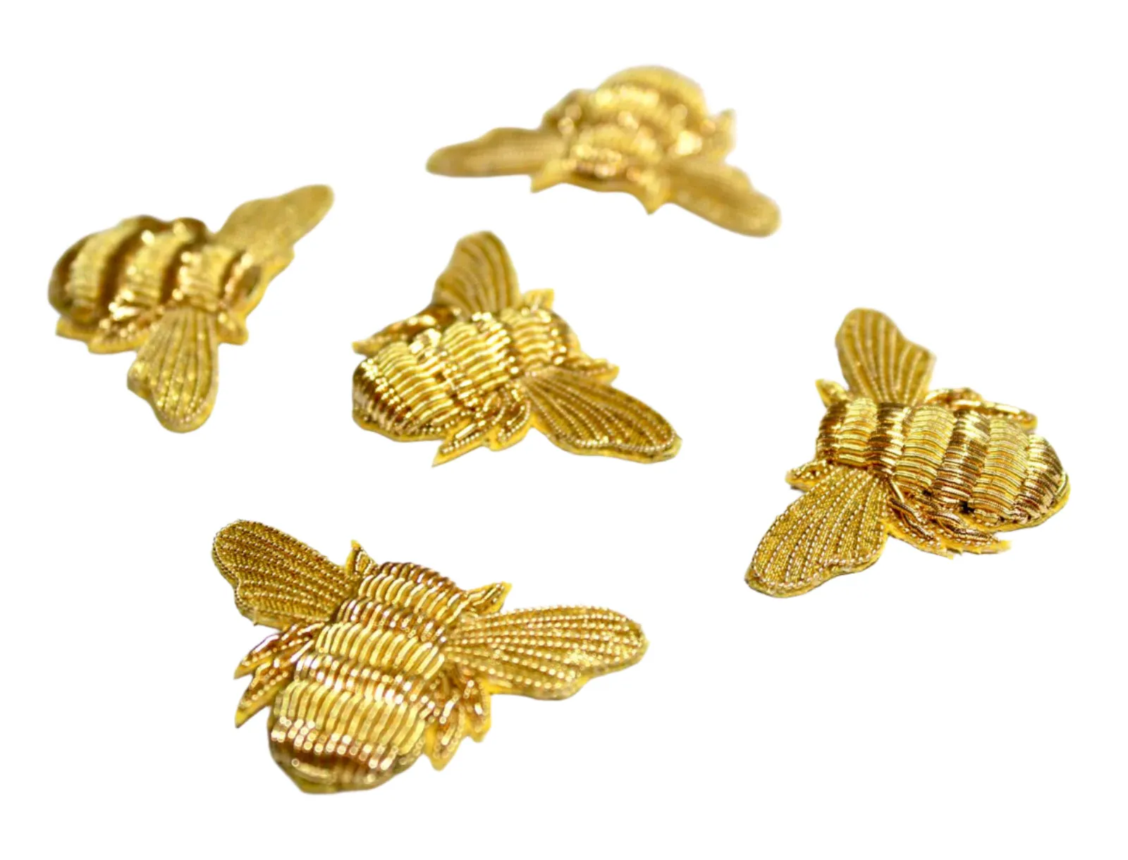 Hand-Embroidered Gold Bullion Bee Patch Set – 5 Pieces