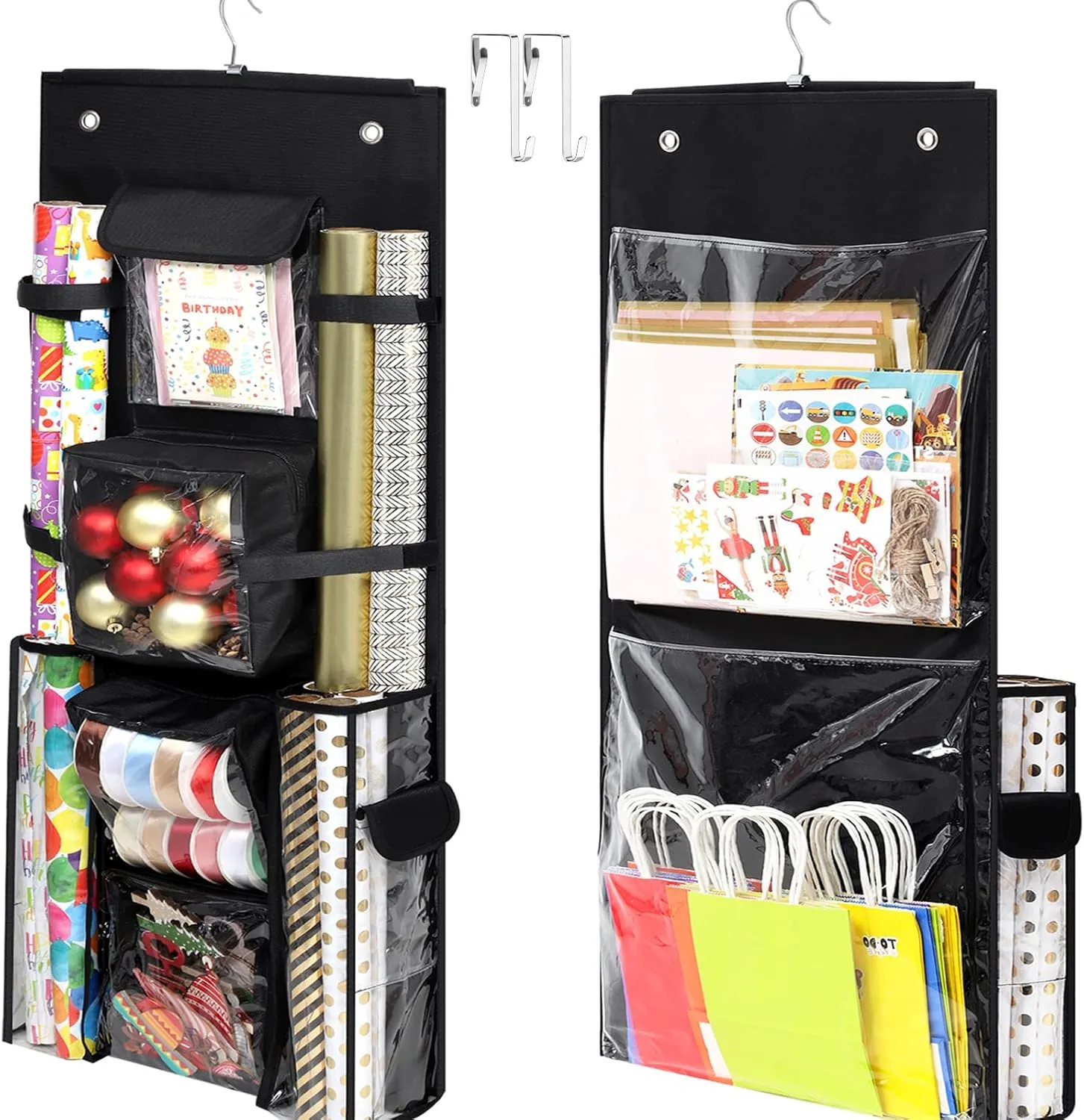 Hanging Gift Wrapping Paper Storage, 40x16 inch Double-Sided Gift Wrap Organizer Christmas Wrapper Paper Container, Craft Roll Organizer Behind The Door Storage Haevy Duty Oxford Gift Bag Holder