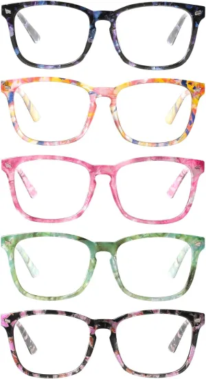 Henotin 5-Pack Blue Light Blocking Reading Glasses Women Men,Spring Hinge Computer Readers,Anti UV Ray Square Nerd Eyeglasses (Mixed Color-D, 1.25)