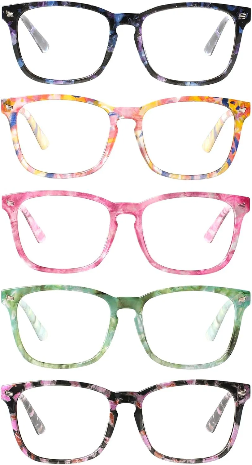 Henotin 5-Pack Blue Light Blocking Reading Glasses Women Men,Spring Hinge Computer Readers,Anti UV Ray Square Nerd Eyeglasses (Mixed Color-D, 1.25)