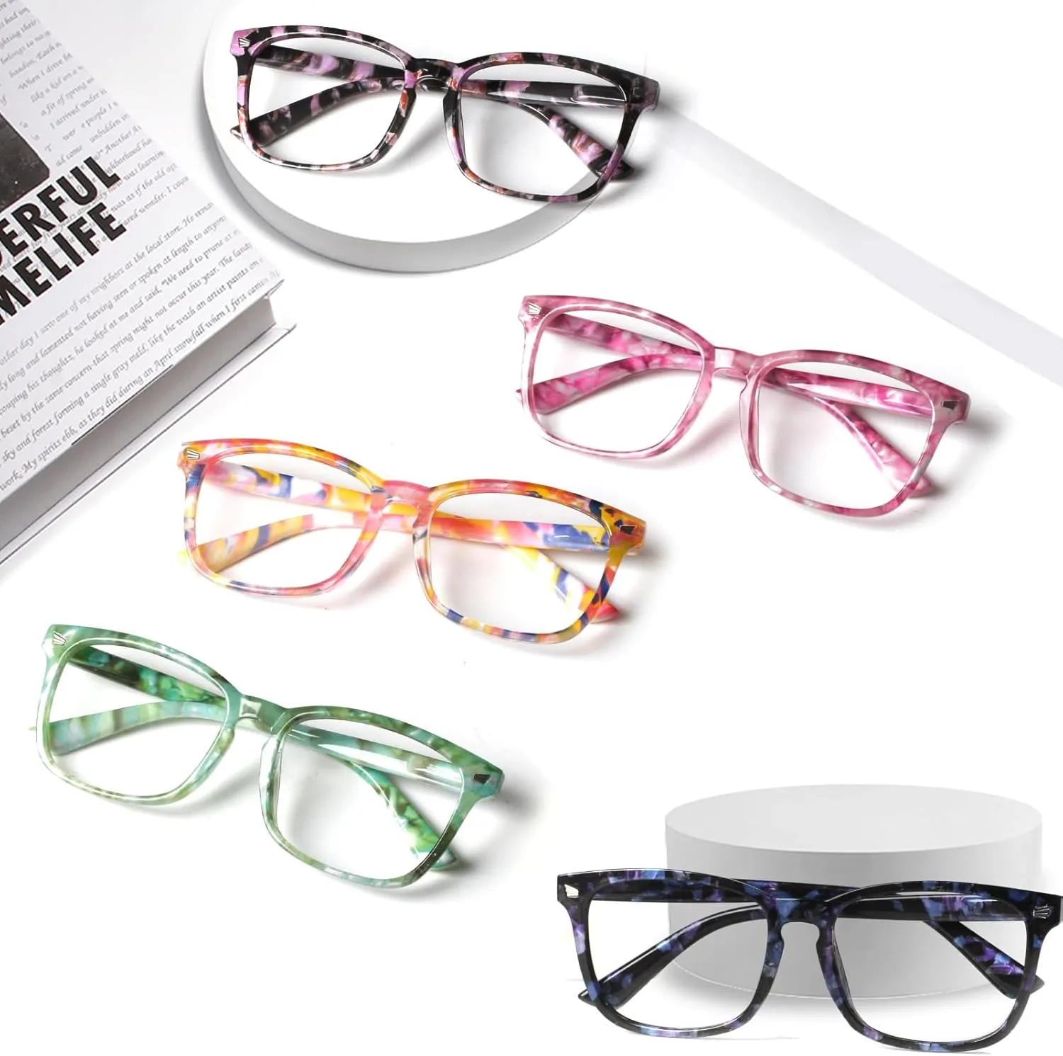 Henotin 5-Pack Blue Light Blocking Reading Glasses Women Men,Spring Hinge Computer Readers,Anti UV Ray Square Nerd Eyeglasses (Mixed Color-D, 1.25)