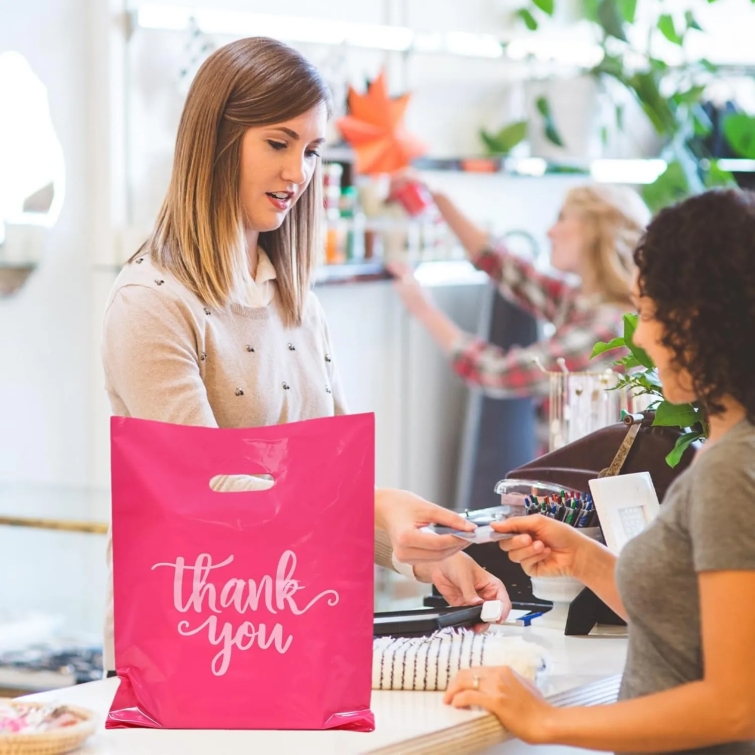 Heran 100PCS Large Pink Thank You Bags for Business Small, 12x15In Shopping Bags for Clothes Boutique Gift, Plastic Retail Merchandise Bag, Reusable Goodie Bag Bulk for Store Party Small Business