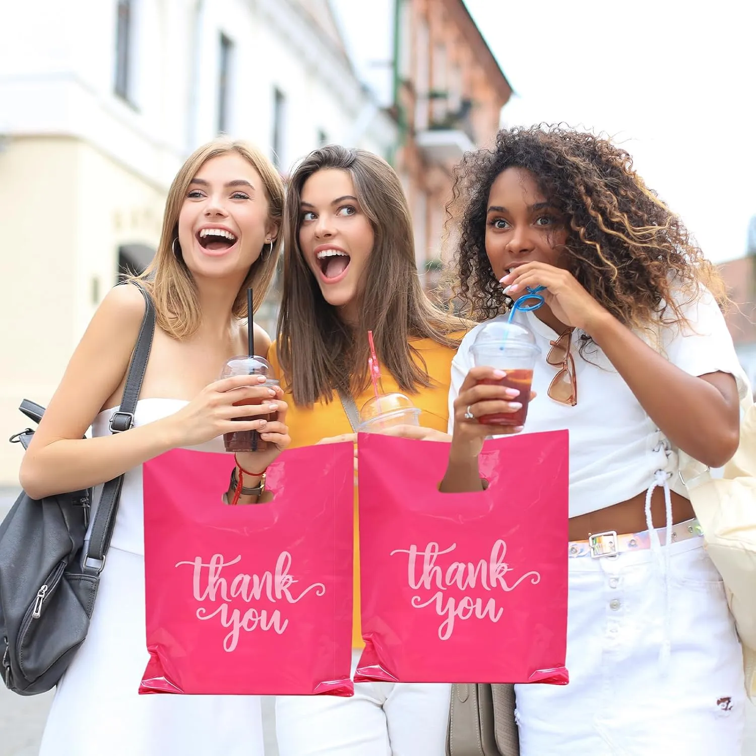 Heran 100PCS Large Pink Thank You Bags for Business Small, 12x15In Shopping Bags for Clothes Boutique Gift, Plastic Retail Merchandise Bag, Reusable Goodie Bag Bulk for Store Party Small Business