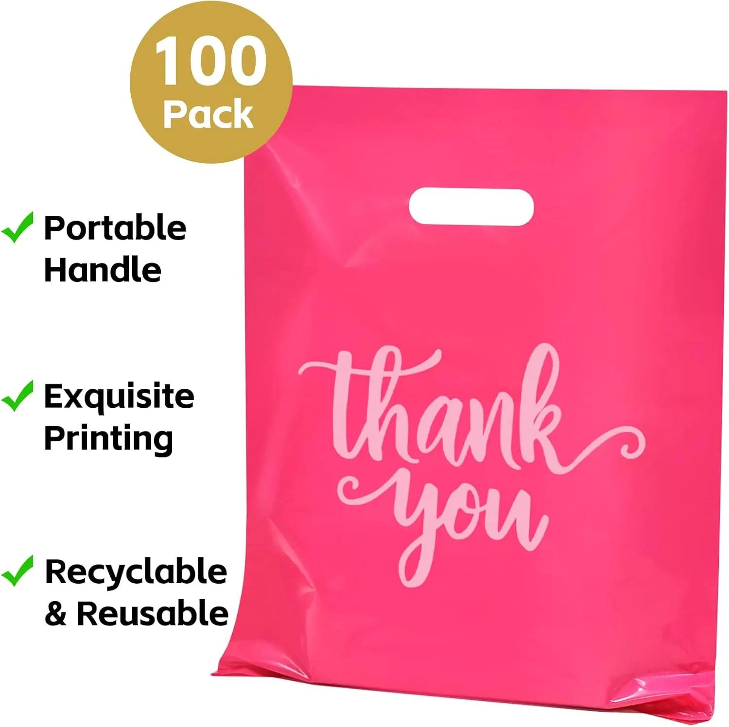 Heran 100PCS Large Pink Thank You Bags for Business Small, 12x15In Shopping Bags for Clothes Boutique Gift, Plastic Retail Merchandise Bag, Reusable Goodie Bag Bulk for Store Party Small Business
