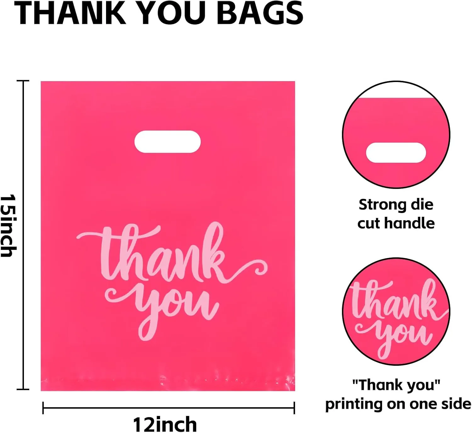 Heran 100PCS Large Pink Thank You Bags for Business Small, 12x15In Shopping Bags for Clothes Boutique Gift, Plastic Retail Merchandise Bag, Reusable Goodie Bag Bulk for Store Party Small Business
