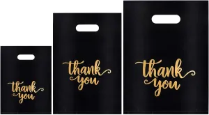 Heran 200PCS Thank You Bags with Handle Black Sale Bag for Small Business Clothes Boutique Gift, 3 Sizes Plastic Retail Grocery Shopping Bags, Reusable Goodie Bag Bulk for Store Party Favor Purchase