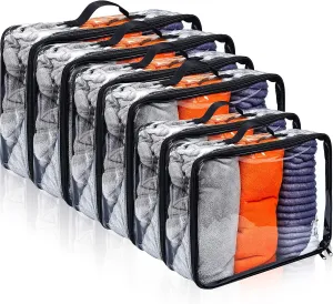 Hillban 6 Pcs Black Large Clear Travel Packing Cube 3 Sizes See Through PVC Organizer for Suitcase Multipurpose Pouch with Handle Vinyl Zippered Storage Bags Luggage Cube Organizer