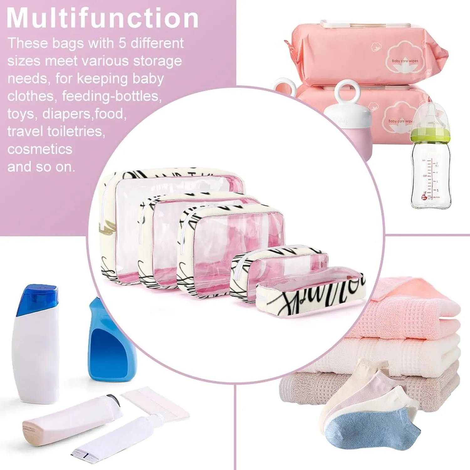 'His Eyes Are on The Sparrow Transparent Storage Bag, 5-piece Makeup Bag Set, Transparent PVC with Portable Travel Storage Bag Pink-style