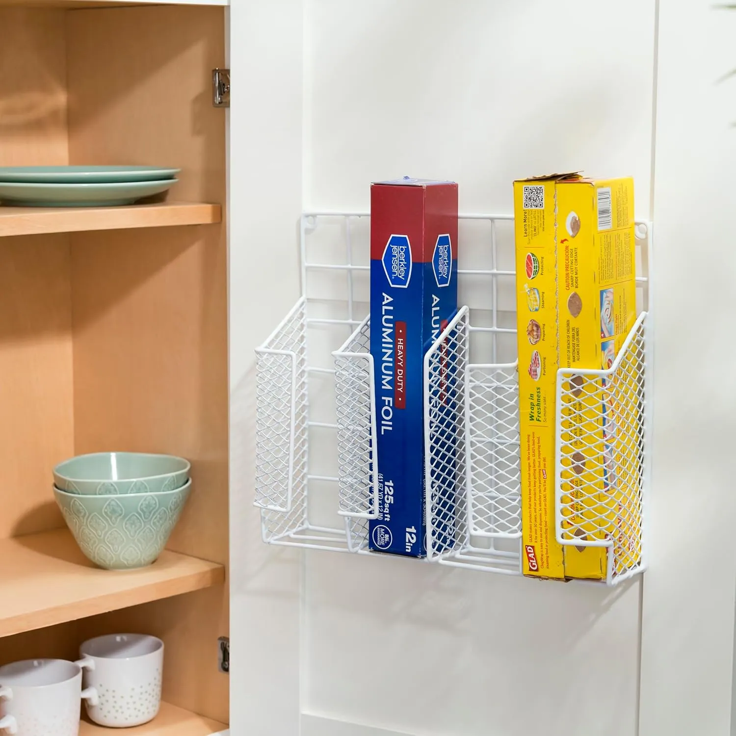 Home Basics Organizer Rust Resistant, Perfect for Food Storage, Silver Foil, Wax Paper, Sandwich Bags, Plastic Wrap-Mounts,White