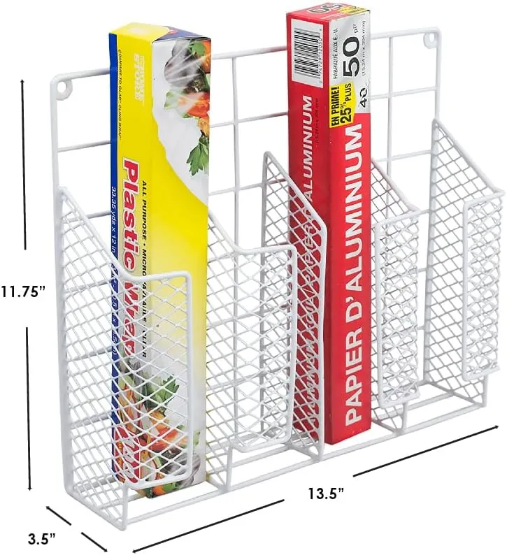 Home Basics Organizer Rust Resistant, Perfect for Food Storage, Silver Foil, Wax Paper, Sandwich Bags, Plastic Wrap-Mounts,White