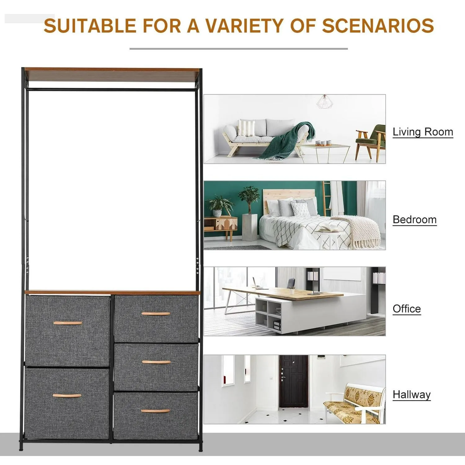 Home Black Of Vast assortment Frame 5 No customs hassle With Chest Furniture Coat HOMCOM Drawers Rack Hallway Bedroom Brown Steel