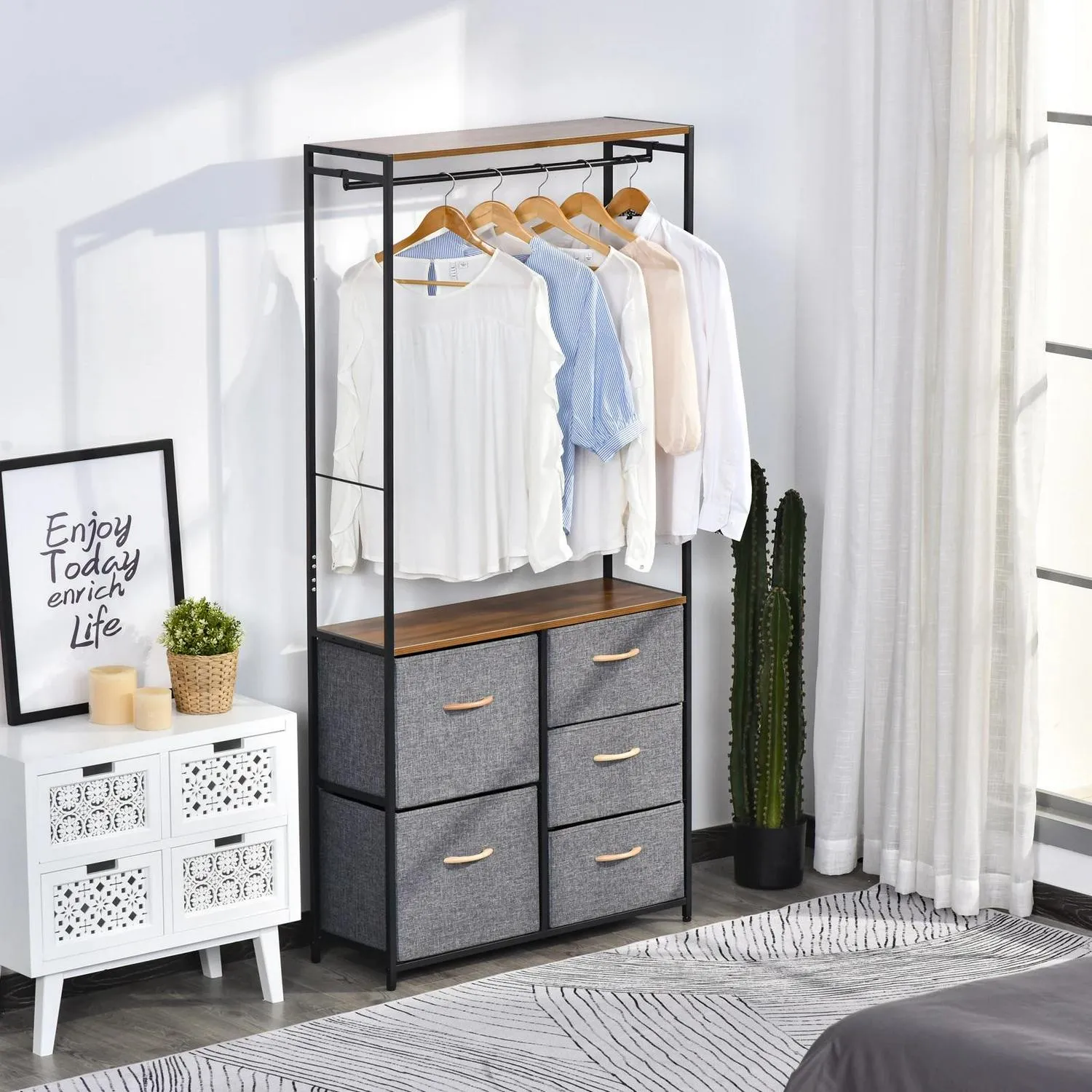 Home Black Of Vast assortment Frame 5 No customs hassle With Chest Furniture Coat HOMCOM Drawers Rack Hallway Bedroom Brown Steel