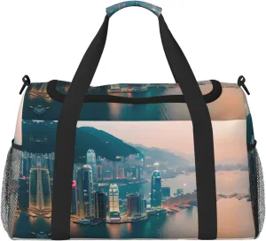 Hong Kong print Large Canvas Travel Duffel Bag Weekender Bags for Women Overnight Bag Carry On Tote Bag