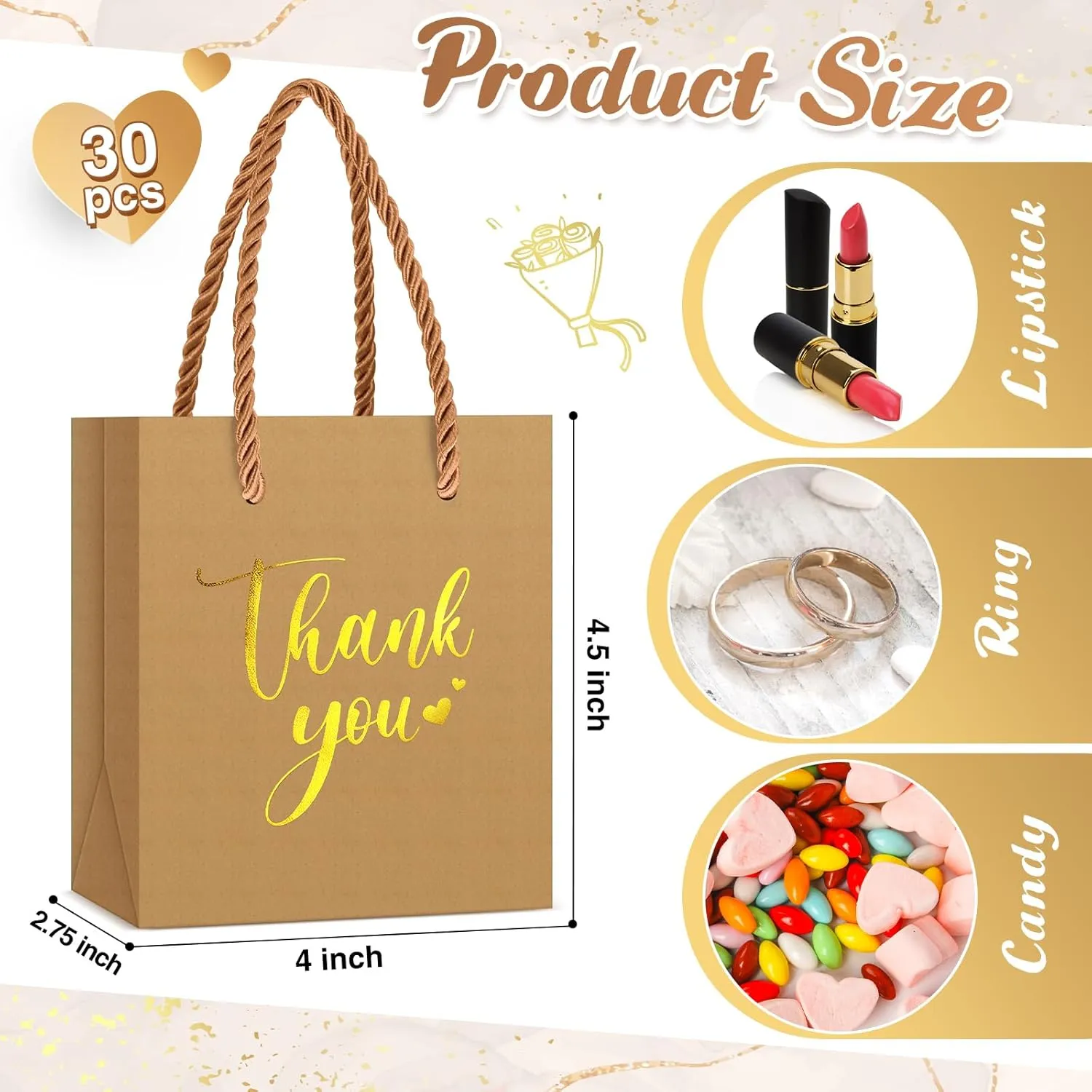 Honoson 30 Pcs Mini Gift Bag with Handle 4 x 2.75 x 4.5'' Small Thank You Paper Bag for Wedding Baby Shower Birthday Graduation Thanksgiving Party Favor Supplies(Kraft Color/Gold)