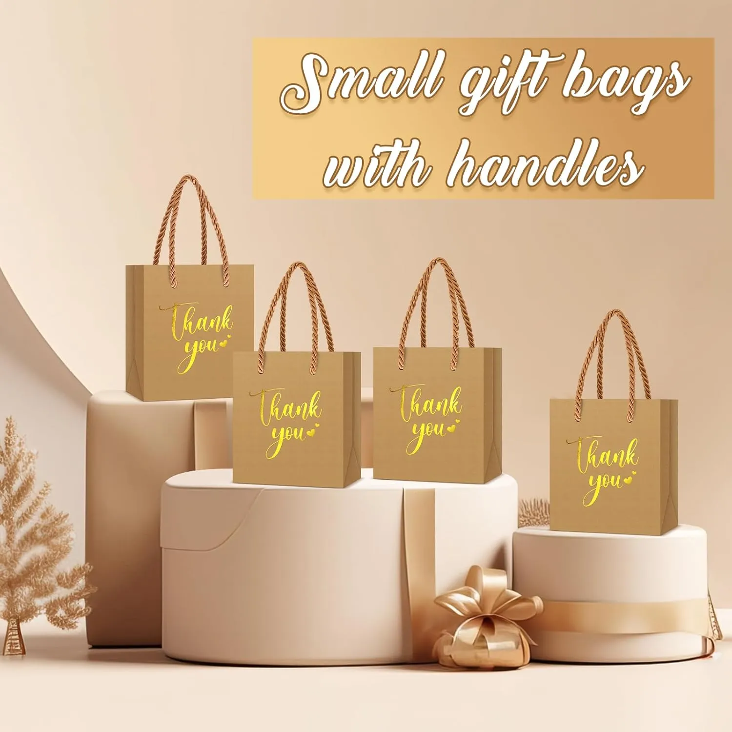 Honoson 30 Pcs Mini Gift Bag with Handle 4 x 2.75 x 4.5'' Small Thank You Paper Bag for Wedding Baby Shower Birthday Graduation Thanksgiving Party Favor Supplies(Kraft Color/Gold)