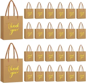 Honoson 30 Pcs Mini Gift Bag with Handle 4 x 2.75 x 4.5'' Small Thank You Paper Bag for Wedding Baby Shower Birthday Graduation Thanksgiving Party Favor Supplies(Kraft Color/Gold)