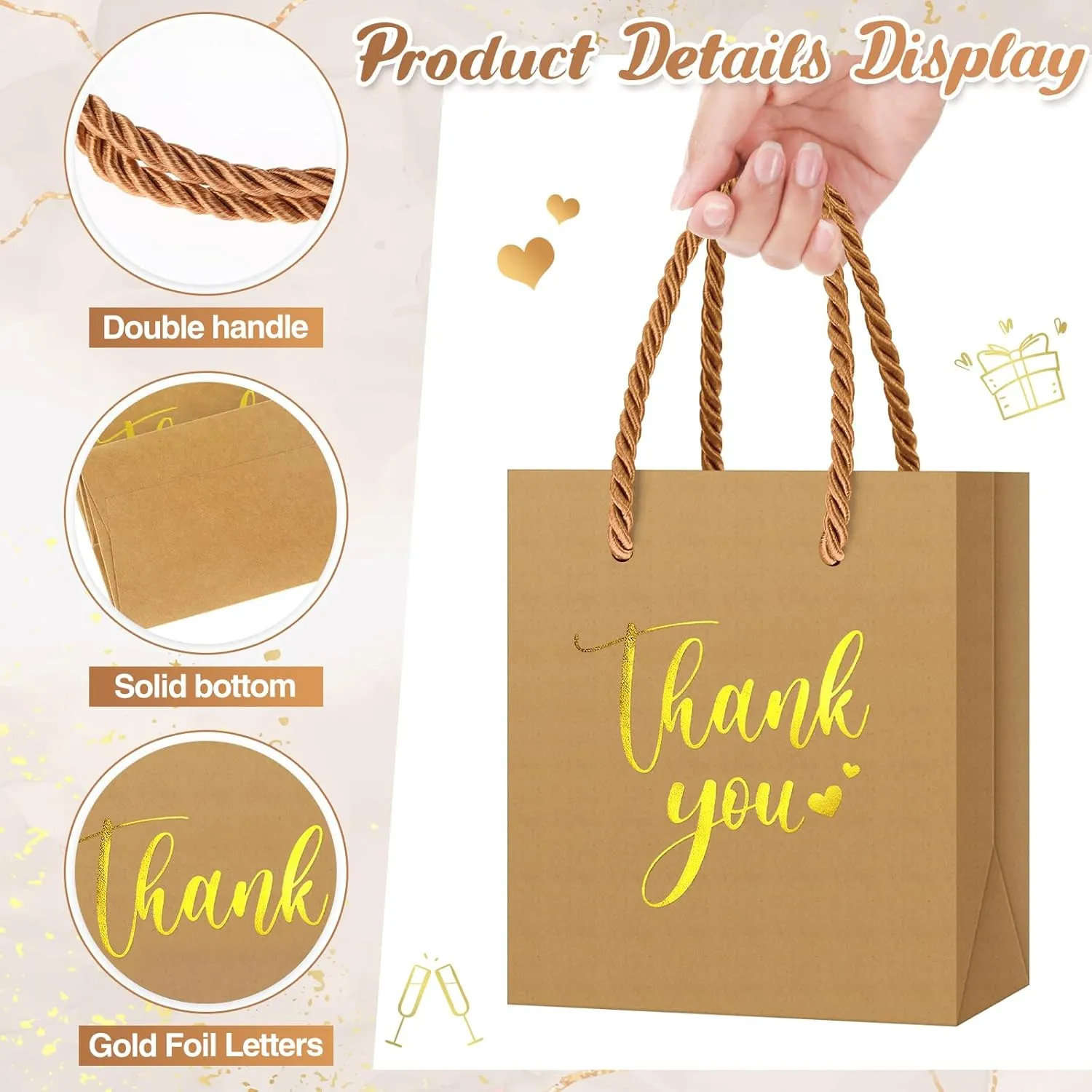 Honoson 30 Pcs Mini Gift Bag with Handle 4 x 2.75 x 4.5'' Small Thank You Paper Bag for Wedding Baby Shower Birthday Graduation Thanksgiving Party Favor Supplies(Kraft Color/Gold)