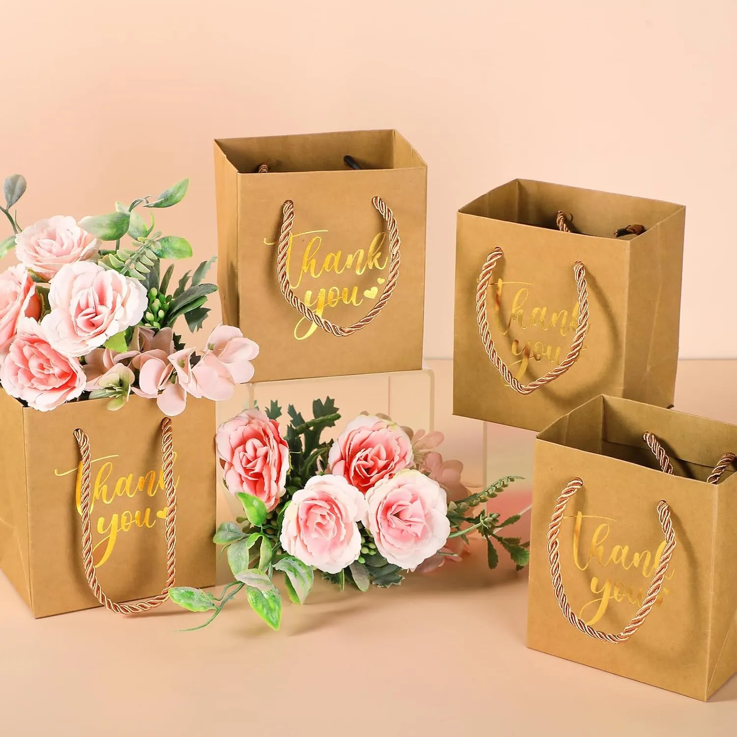 Honoson 30 Pcs Mini Gift Bag with Handle 4 x 2.75 x 4.5'' Small Thank You Paper Bag for Wedding Baby Shower Birthday Graduation Thanksgiving Party Favor Supplies(Kraft Color/Gold)