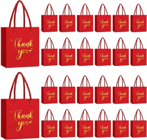Honoson 30 Pcs Mini Gift Bag with Handle 4 x 2.75 x 4.5'' Small Thank You Paper Bag for Wedding Baby Shower Birthday Graduation Thanksgiving Party Favor Supplies(Red/Gold)
