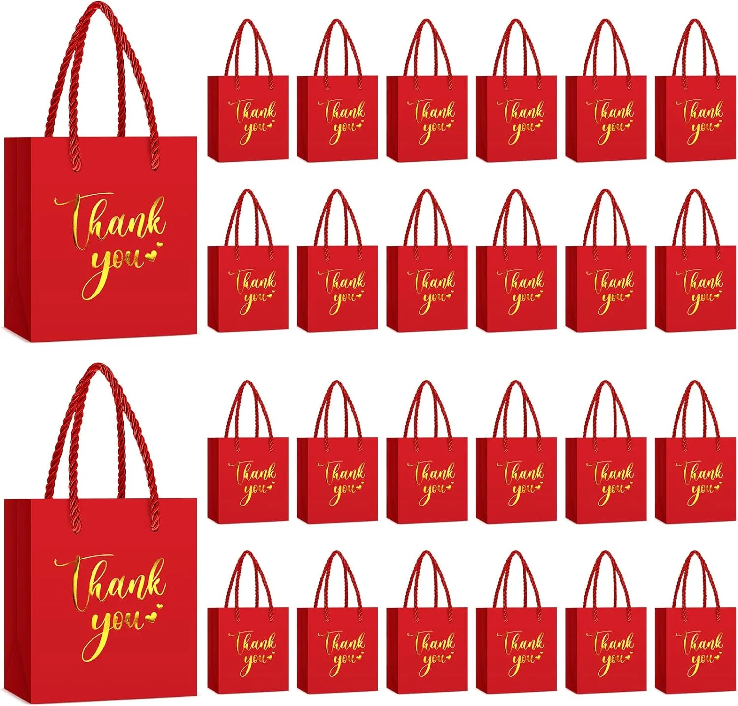 Honoson 30 Pcs Mini Gift Bag with Handle 4 x 2.75 x 4.5'' Small Thank You Paper Bag for Wedding Baby Shower Birthday Graduation Thanksgiving Party Favor Supplies(Red/Gold)