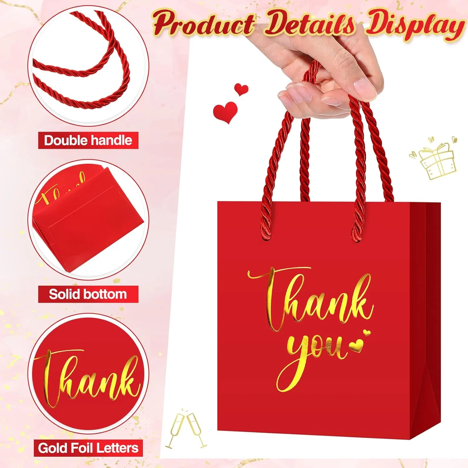 Honoson 30 Pcs Mini Gift Bag with Handle 4 x 2.75 x 4.5'' Small Thank You Paper Bag for Wedding Baby Shower Birthday Graduation Thanksgiving Party Favor Supplies(Red/Gold)