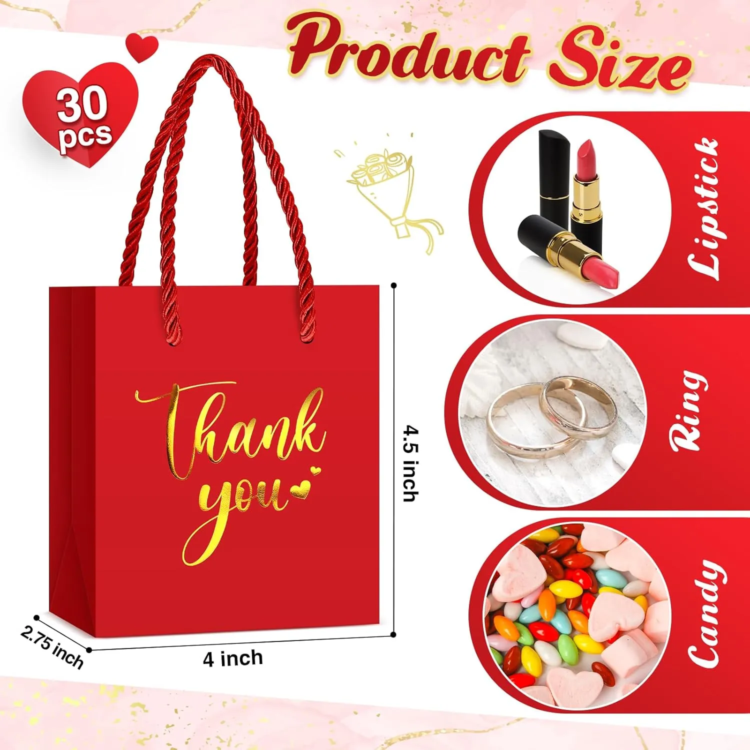 Honoson 30 Pcs Mini Gift Bag with Handle 4 x 2.75 x 4.5'' Small Thank You Paper Bag for Wedding Baby Shower Birthday Graduation Thanksgiving Party Favor Supplies(Red/Gold)