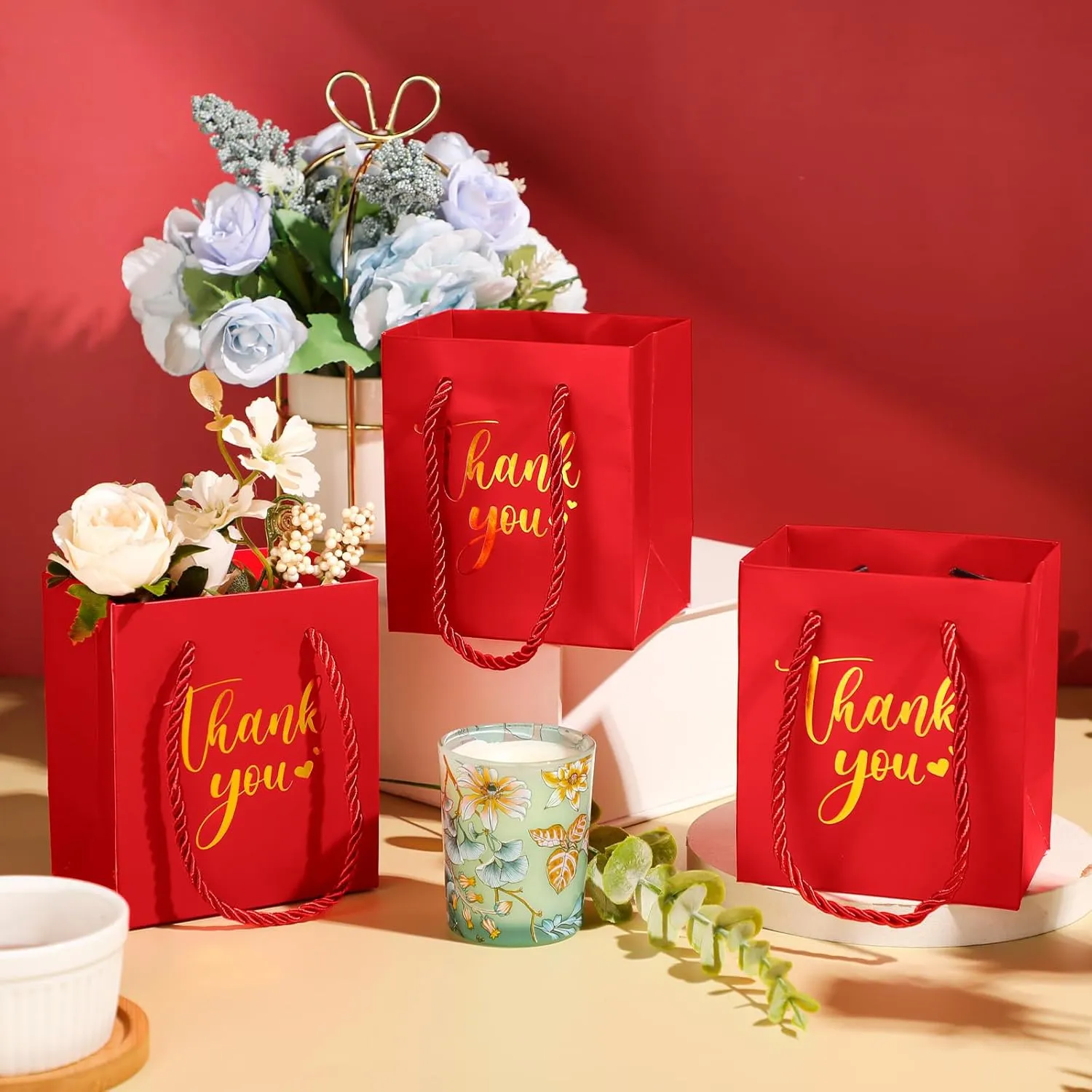 Honoson 30 Pcs Mini Gift Bag with Handle 4 x 2.75 x 4.5'' Small Thank You Paper Bag for Wedding Baby Shower Birthday Graduation Thanksgiving Party Favor Supplies(Red/Gold)