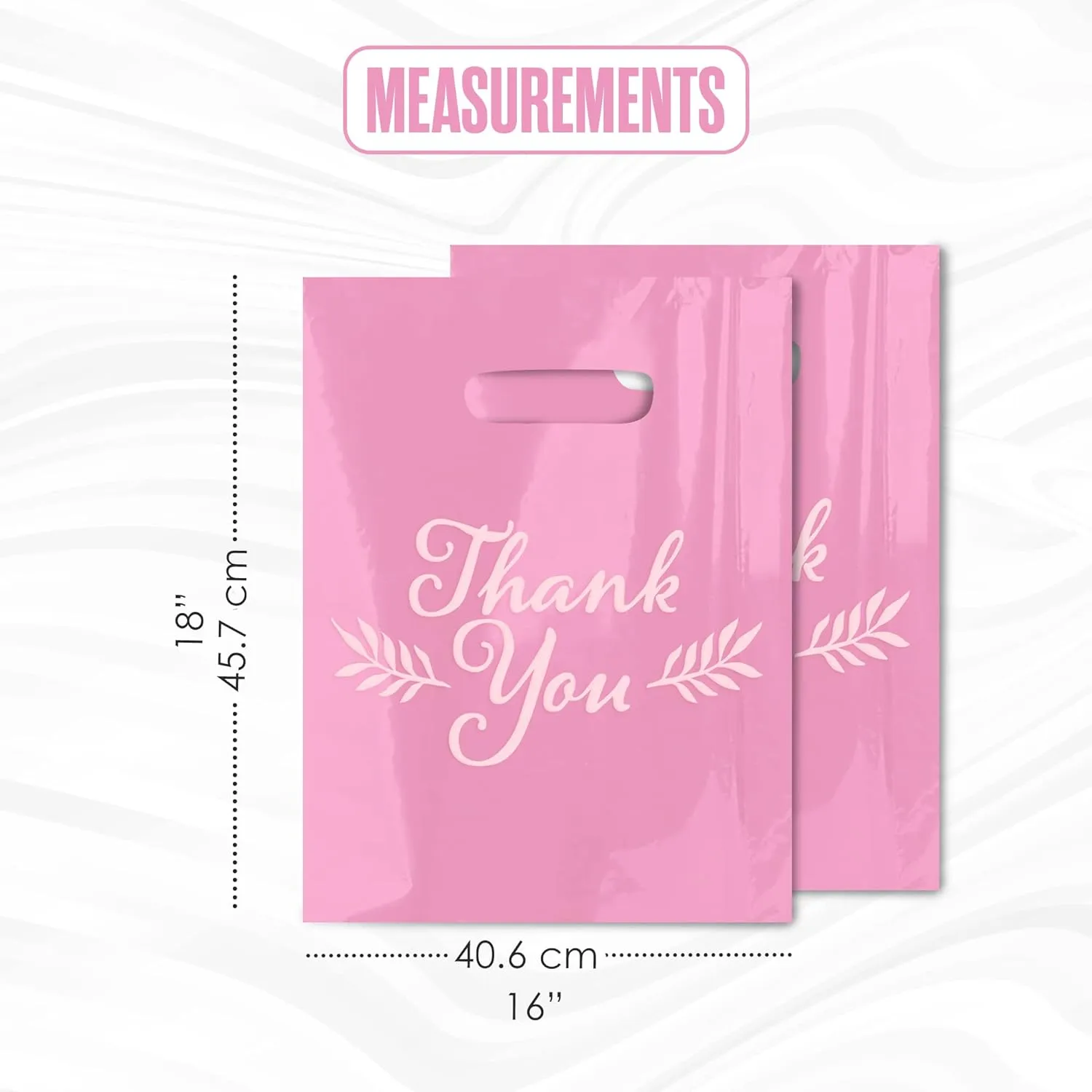 Houseables Thank You Merchandise Bags, Retail Shopping Goodie Bag, 16" x 18", 100 Pk, 1.75 Mil Thick, Pink, White, Die Cut Handles, Tear-Resistant, 100% Recyclable, Plastic, Low Density, Glossy