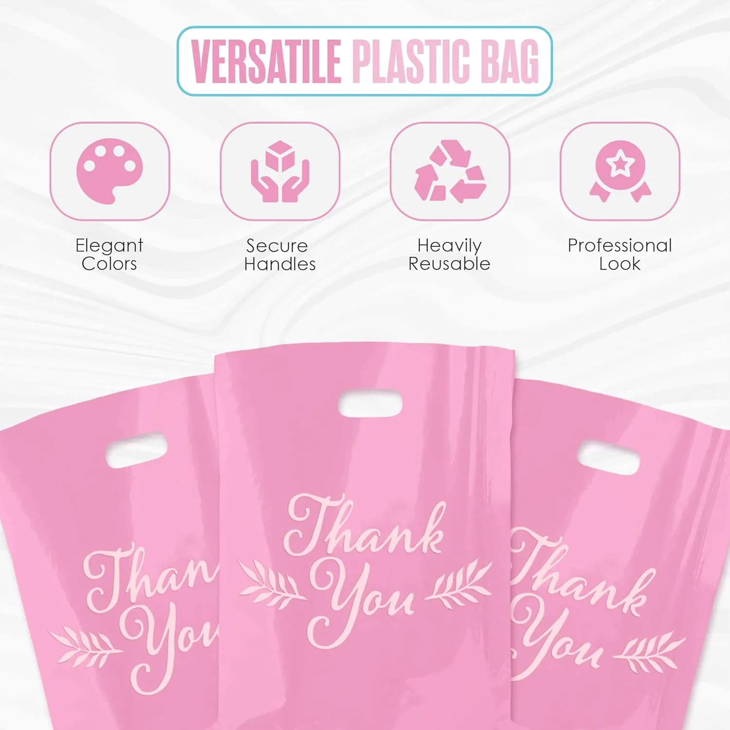 Houseables Thank You Merchandise Bags, Retail Shopping Goodie Bag, 16" x 18", 100 Pk, 1.75 Mil Thick, Pink, White, Die Cut Handles, Tear-Resistant, 100% Recyclable, Plastic, Low Density, Glossy