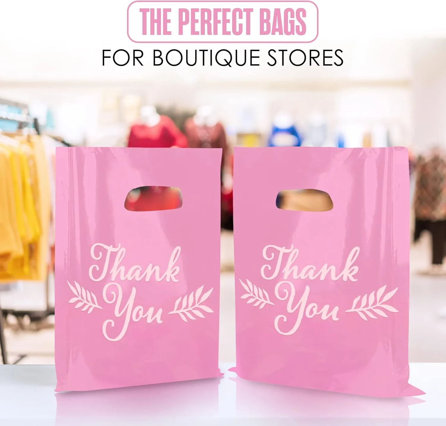 Houseables Thank You Merchandise Bags, Retail Shopping Goodie Bag, 16" x 18", 100 Pk, 1.75 Mil Thick, Pink, White, Die Cut Handles, Tear-Resistant, 100% Recyclable, Plastic, Low Density, Glossy