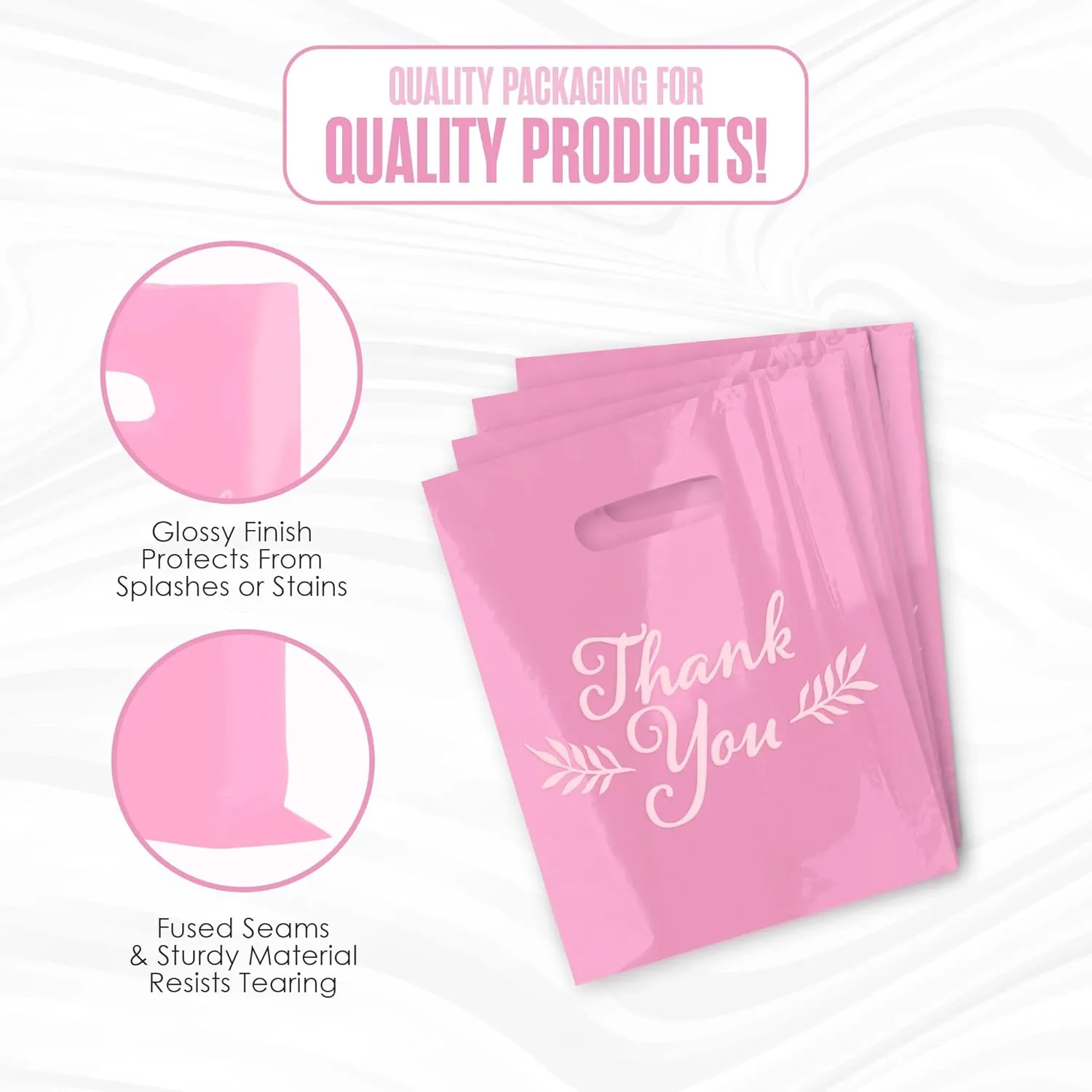 Houseables Thank You Merchandise Bags, Retail Shopping Goodie Bag, 16" x 18", 100 Pk, 1.75 Mil Thick, Pink, White, Die Cut Handles, Tear-Resistant, 100% Recyclable, Plastic, Low Density, Glossy