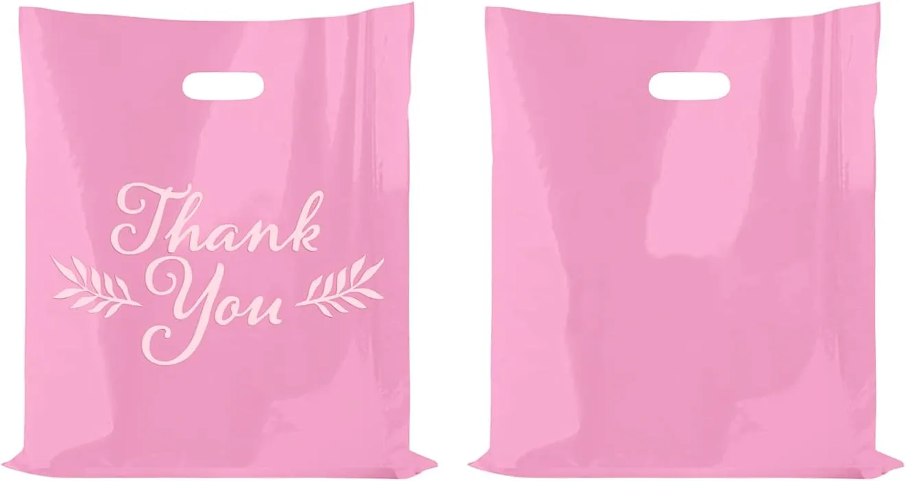 Houseables Thank You Merchandise Bags, Retail Shopping Goodie Bag, 16" x 18", 100 Pk, 1.75 Mil Thick, Pink, White, Die Cut Handles, Tear-Resistant, 100% Recyclable, Plastic, Low Density, Glossy