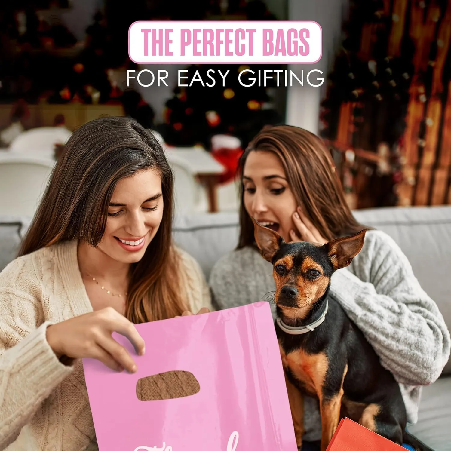 Houseables Thank You Merchandise Bags, Retail Shopping Goodie Bag, 16" x 18", 100 Pk, 1.75 Mil Thick, Pink, White, Die Cut Handles, Tear-Resistant, 100% Recyclable, Plastic, Low Density, Glossy