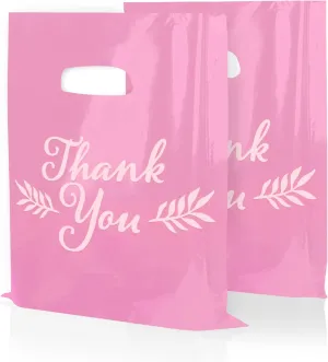 Houseables Thank You Merchandise Bags, Retail Shopping Goodie Bag, 16" x 18", 100 Pk, 1.75 Mil Thick, Pink, White, Die Cut Handles, Tear-Resistant, 100% Recyclable, Plastic, Low Density, Glossy