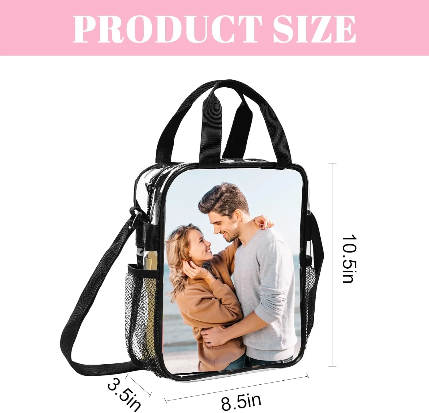 Husguciy Custom Clear Lunch Bag, Personalized Transparent Bags with Photo Logo Text for Sport Events, Customized Clear Tote Bag Gifts for Men Women Adults