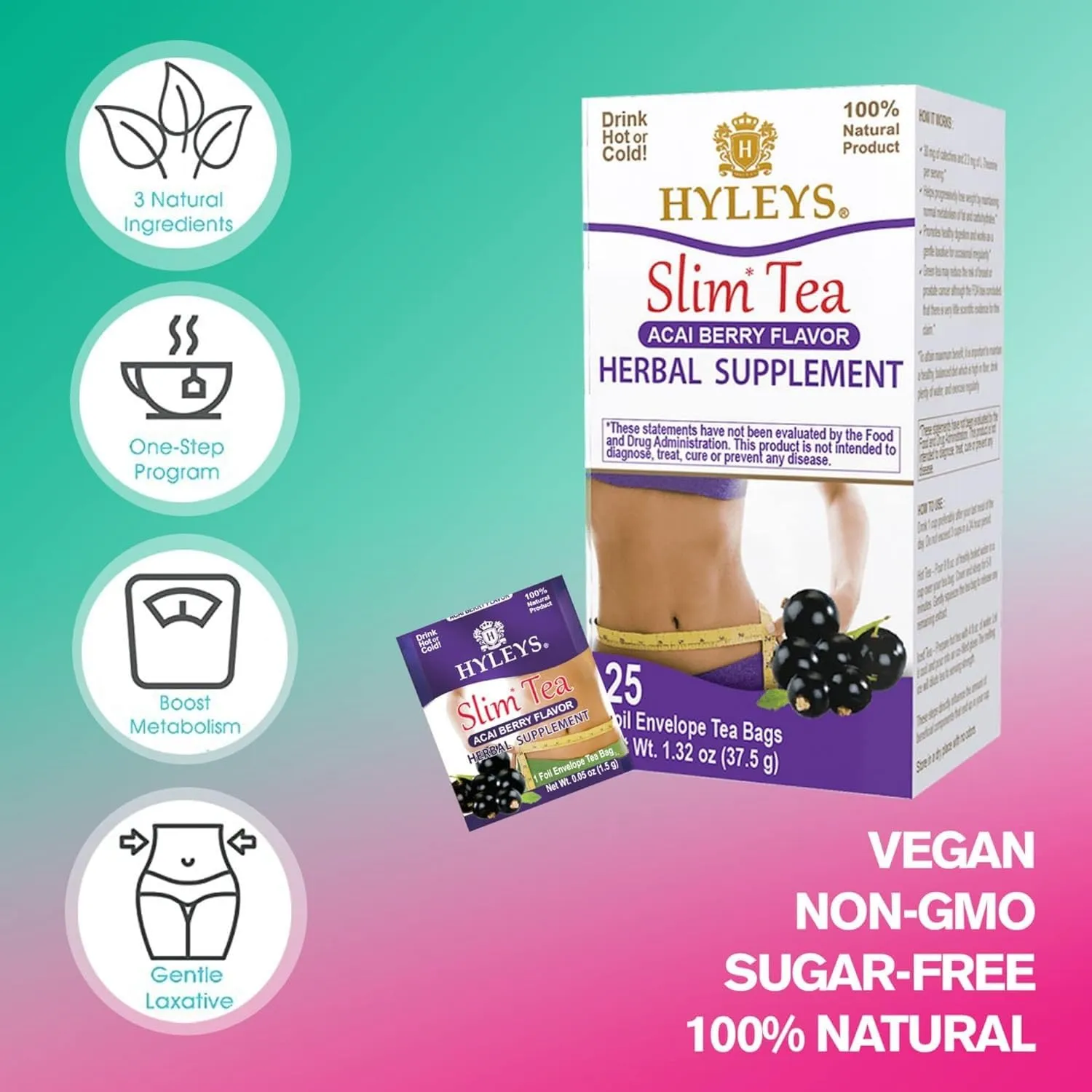 Hyleys Slim Tea Acai Berry Flavor - Weight Loss Herbal Supplement Cleanse and Detox - 25 Tea Bags (12 Pack)