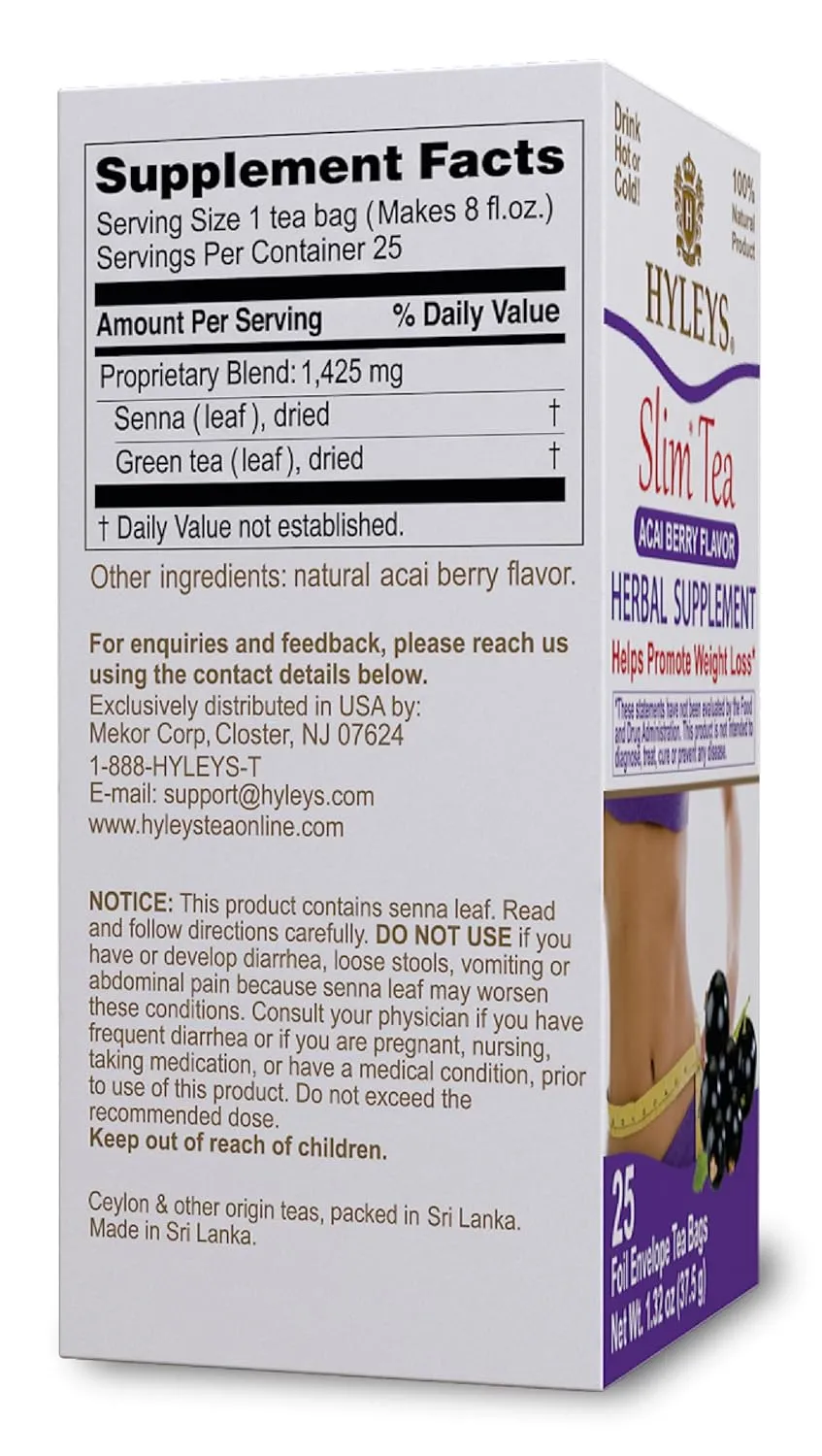 Hyleys Slim Tea Acai Berry Flavor - Weight Loss Herbal Supplement Cleanse and Detox - 25 Tea Bags (12 Pack)