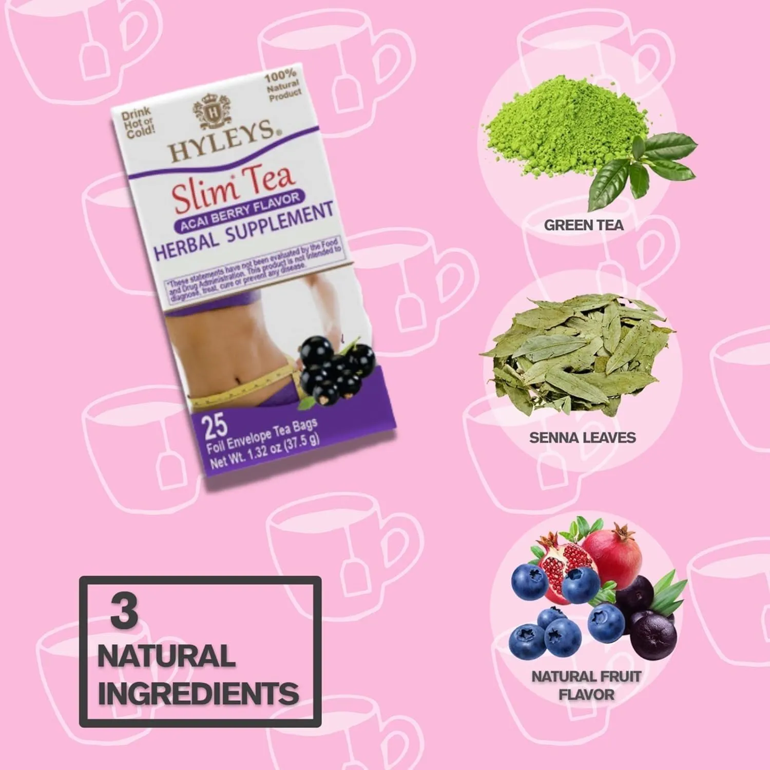 Hyleys Slim Tea Acai Berry Flavor - Weight Loss Herbal Supplement Cleanse and Detox - 25 Tea Bags (12 Pack)
