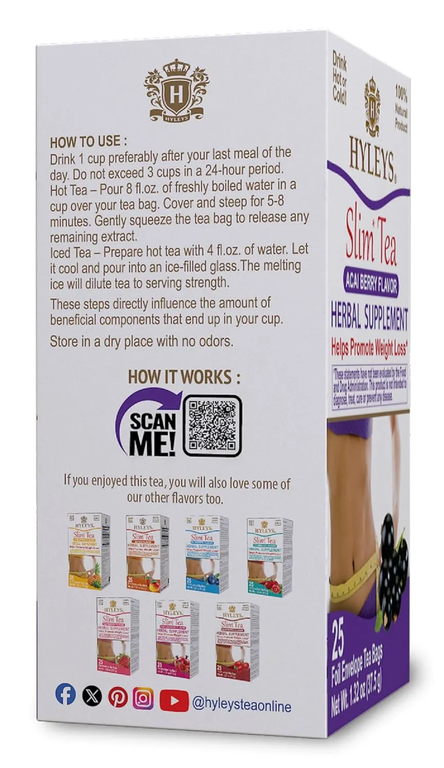 Hyleys Slim Tea Acai Berry Flavor - Weight Loss Herbal Supplement Cleanse and Detox - 25 Tea Bags (12 Pack)