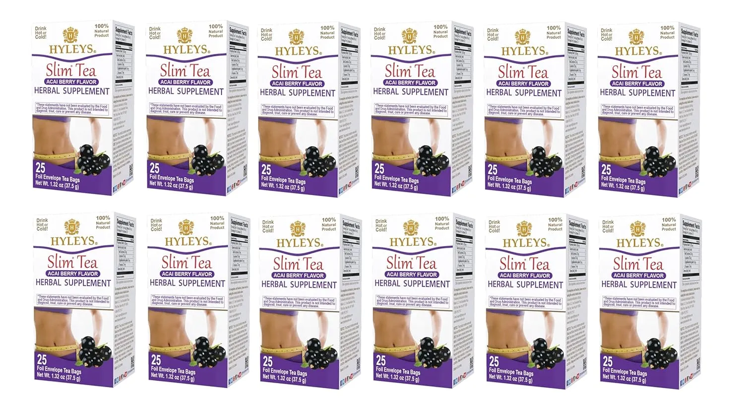 Hyleys Slim Tea Acai Berry Flavor - Weight Loss Herbal Supplement Cleanse and Detox - 25 Tea Bags (12 Pack)