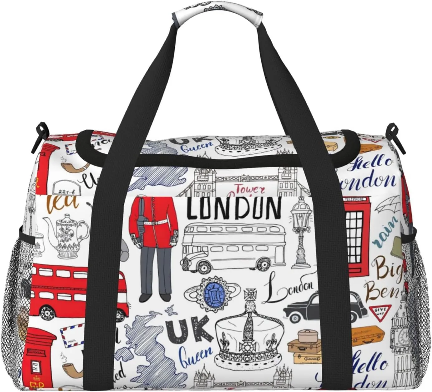 I Love London print Large Canvas Travel Duffel Bag Weekender Bags for Women Overnight Bag Carry On Tote Bag