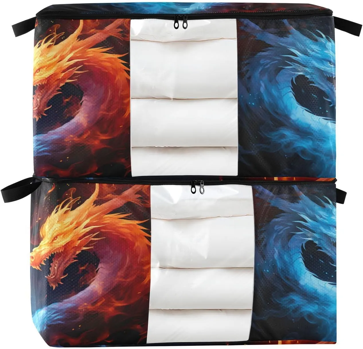 Ice Fire Dragon Clothes Storage Bag Bins 2 Pack Foldable Storage Containers Large Closet Organizer with Zipper Storage Cubes for Pillows Clothing Comforters 60L